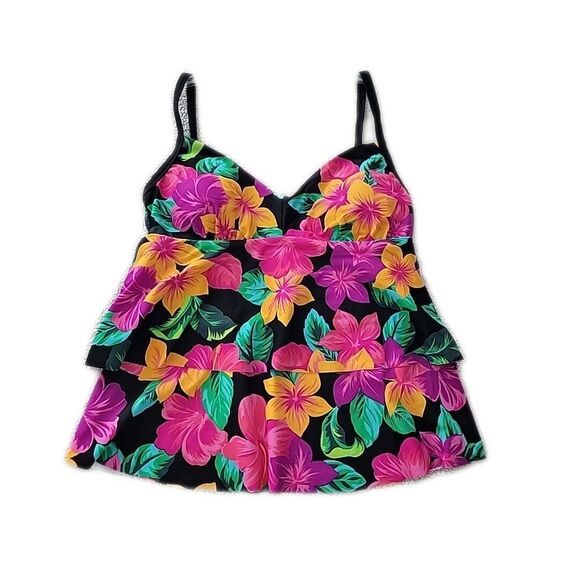 Beach Diva Tankini Swimsuit Ruffle Top ~ Sz 10 ~ Black ~ Floral - Picture 1 of 6